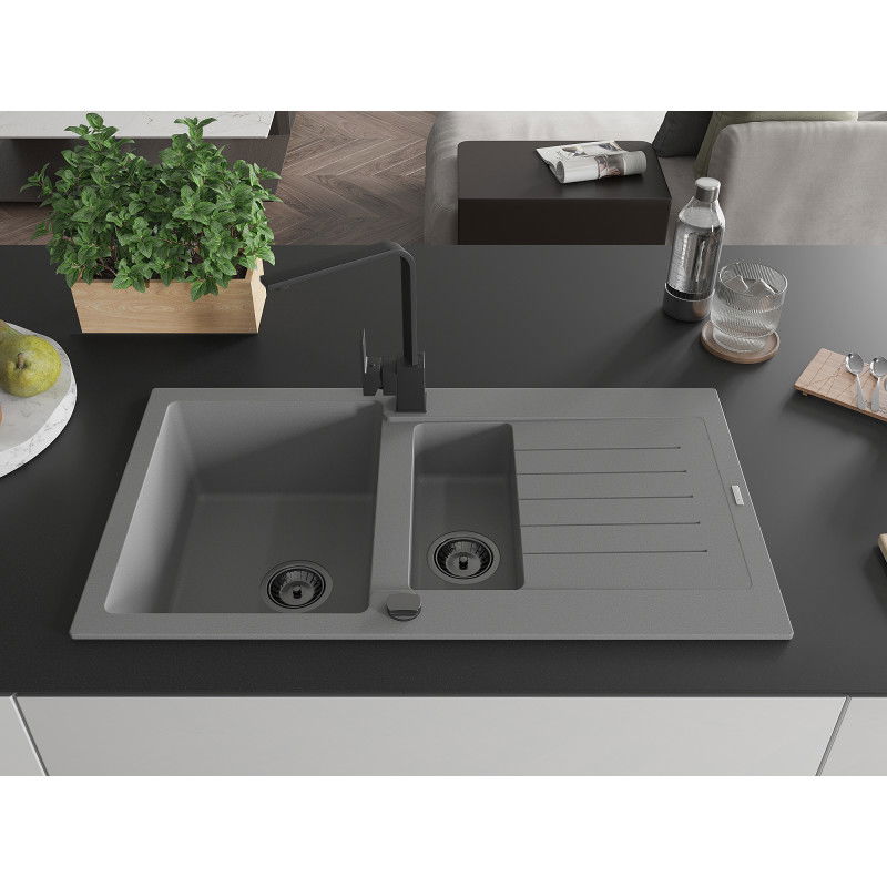Mexen Matias 1.5-bowl granite sink with drainer and Rita kitchen tap, grey - 6502-71-670300-70-B