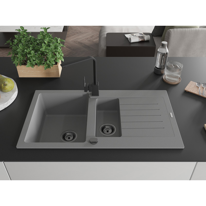 Mexen Matias granite sink 1.5-bowl with drainer and kitchen faucet Rita, gray - 6502-71-670300-70-B
