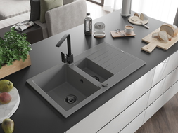 Mexen Matias 1.5-compartment granite sink with a drip tray and kitchen mixer tap Rita, Grey - 6502-71-670300-70-B