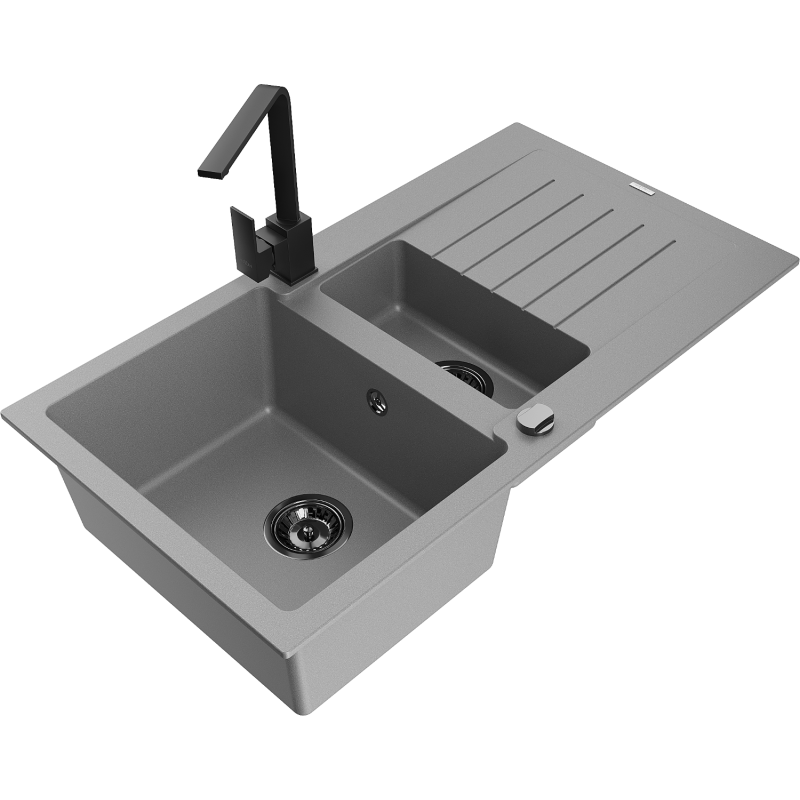 Mexen Matias 1.5-compartment granite sink with a drip tray and kitchen mixer tap Rita, Grey - 6502-71-670300-70-B