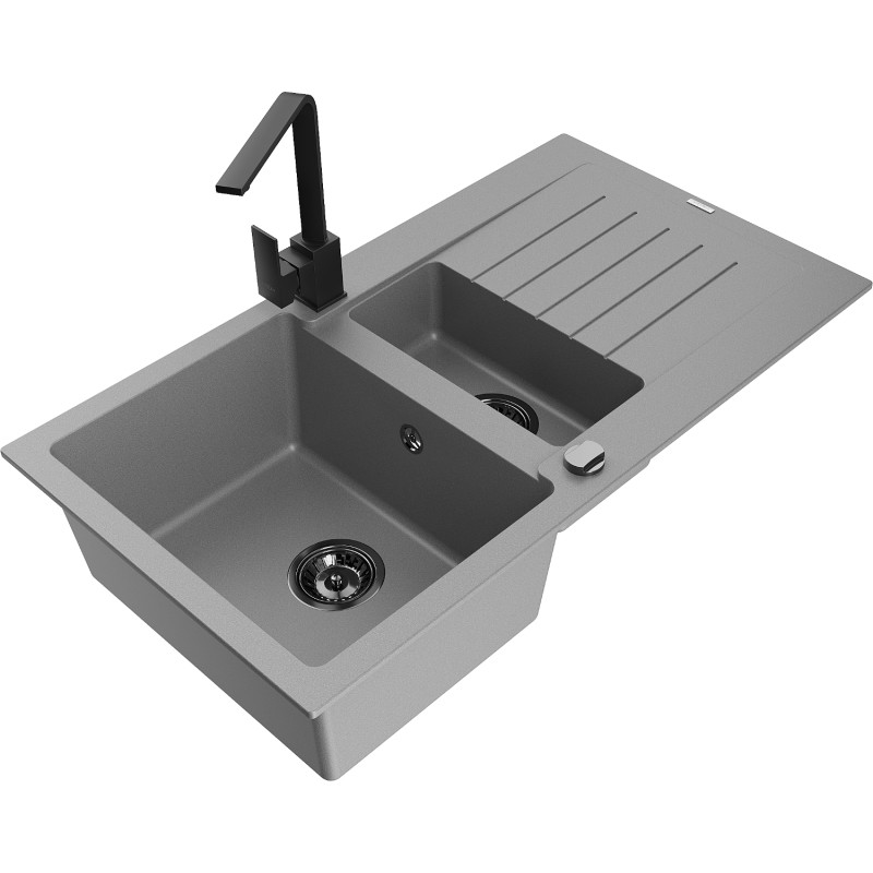 Mexen Matias granite sink 1.5-bowl with drainer and Rita kitchen faucet, gray - 6502-71-670300-70-B