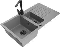 Mexen Matias 1.5-compartment granite sink with a drip tray and kitchen mixer tap Rita, Grey - 6502-71-670300-70-B