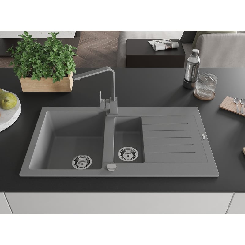Mexen Matias granite sink 1.5-bowl with drainer and Rita kitchen faucet, gray - 6502-71-670300-71