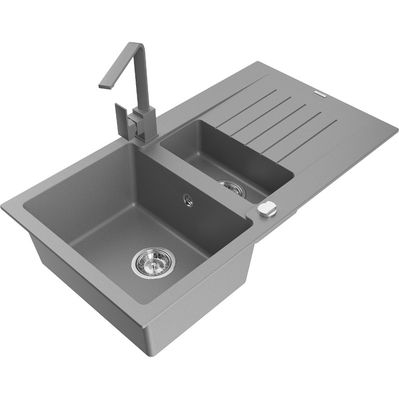 Mexen Matias 1.5-Bowl Granite Sink with Drainer and Kitchen Faucet Rita, Gray - 6502-71-670300-71
