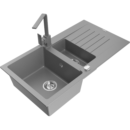 Mexen Matias 1.5-compartment granite sink with a drip tray and kitchen mixer tap Rita, Grey - 6502-71-670300-71