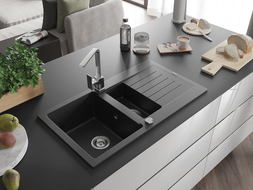 Mexen Matias 1.5-compartment granite sink with a drip tray and kitchen mixer tap Rita, Black/Silver metallic - 6502-73-670300-00