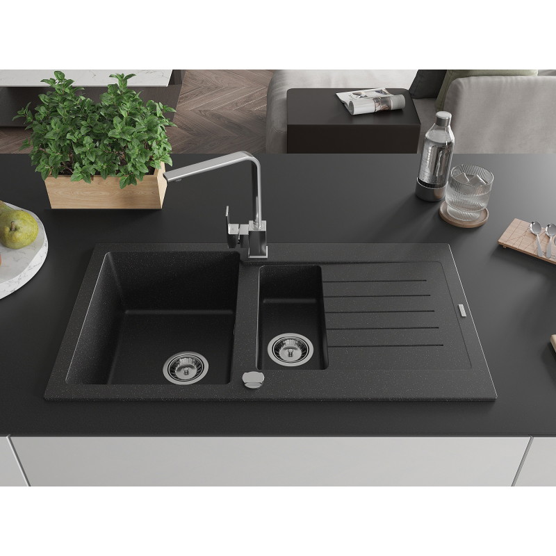 Mexen Matias granite sink 1.5-bowl with drainer and kitchen faucet Rita, black/silver metallic - 6502-73-670300-00