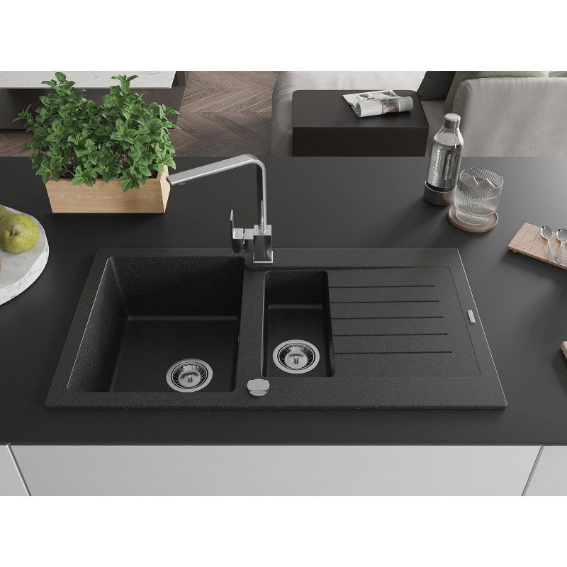 Mexen Matias granite sink 1.5-bowl with drainer and kitchen tap Rita, black/silver metallic - 6502-73-670300-00