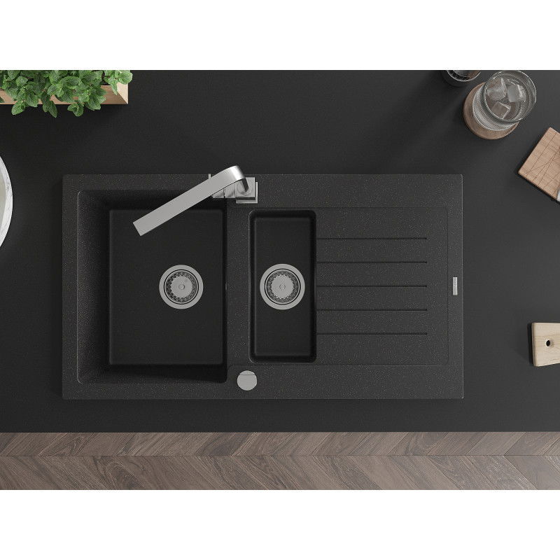 Mexen Matias granite sink 1.5-bowl with drainer and kitchen tap Rita, black/silver metallic - 6502-73-670300-00