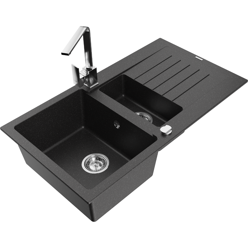 Mexen Matias 1.5-compartment granite sink with a drip tray and kitchen mixer tap Rita, Black/Silver metallic - 6502-73-670300-00