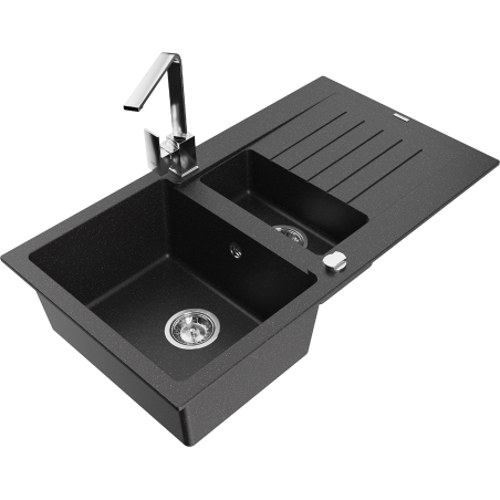 Mexen Matias granite sink 1.5-bowl with drainer and kitchen tap Rita, black/silver metallic - 6502-73-670300-00