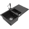 Mexen Matias granite sink 1.5-bowl with drainer and kitchen tap Rita, black/silver metallic - 6502-73-670300-00