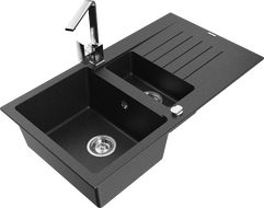 Mexen Matias granite sink 1.5-bowl with drainer and kitchen faucet Rita, black/silver metallic - 6502-73-670300-00