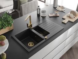 Mexen Matias 1.5-bowl granite sink with drainer and Rita kitchen faucet, black/silver metallic - 6502-73-670300-50