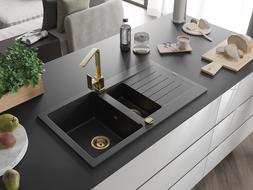 Mexen Matias 1.5-compartment granite sink with a drip tray and kitchen mixer tap Rita, Black/Silver metallic - 6502-73-670300-50