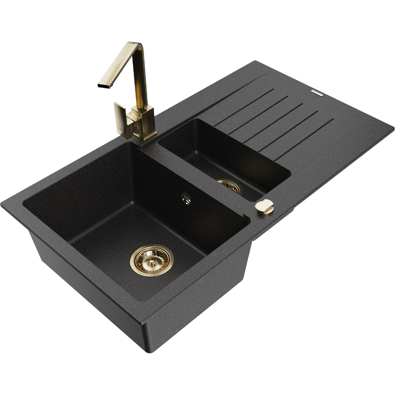 Mexen Matias 1.5-bowl granite sink with drainer and Rita kitchen tap, black/silver metallic - 6502-73-670300-50