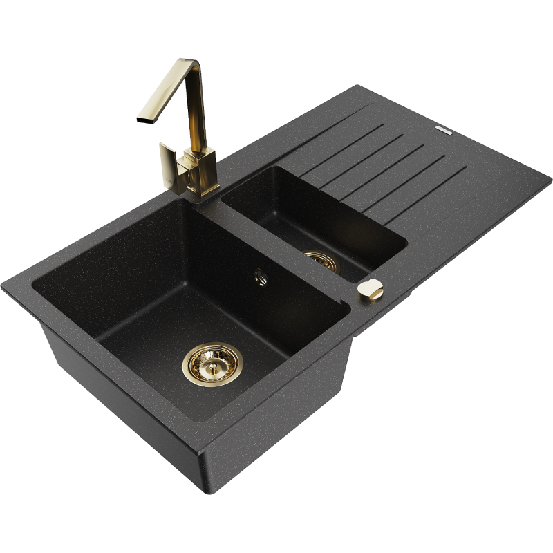 Mexen Matias 1.5-compartment granite sink with a drip tray and kitchen mixer tap Rita, Black/Silver metallic - 6502-73-670300-50