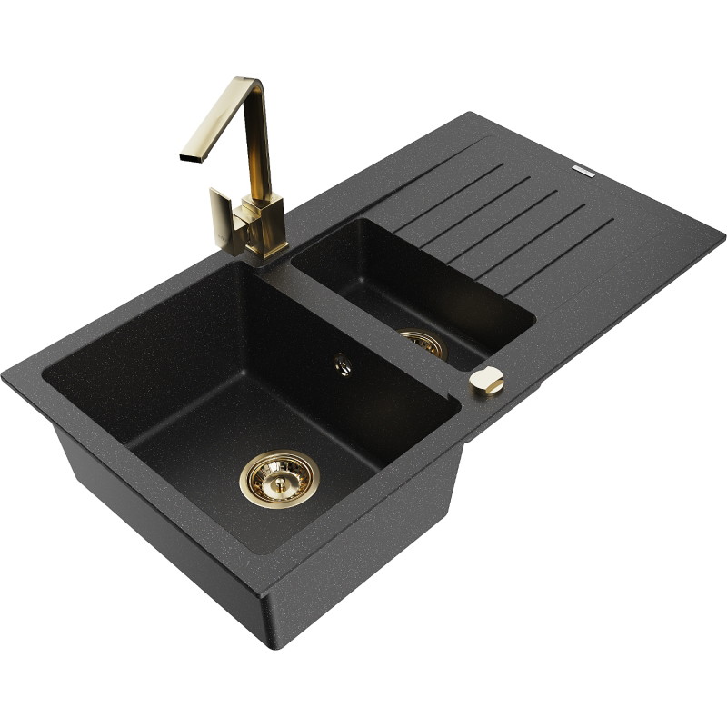 Mexen Matias granite sink 1.5-bowl with drainer and kitchen faucet Rita, black/silver metallic - 6502-73-670300-50