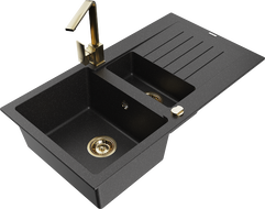Mexen Matias 1.5-bowl granite sink with drainer and Rita kitchen faucet, black/silver metallic - 6502-73-670300-50