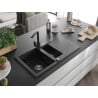 Mexen Matias 1.5-compartment granite sink with a drip tray and kitchen mixer tap Rita, Black/Silver metallic - 6502-73-670300-70