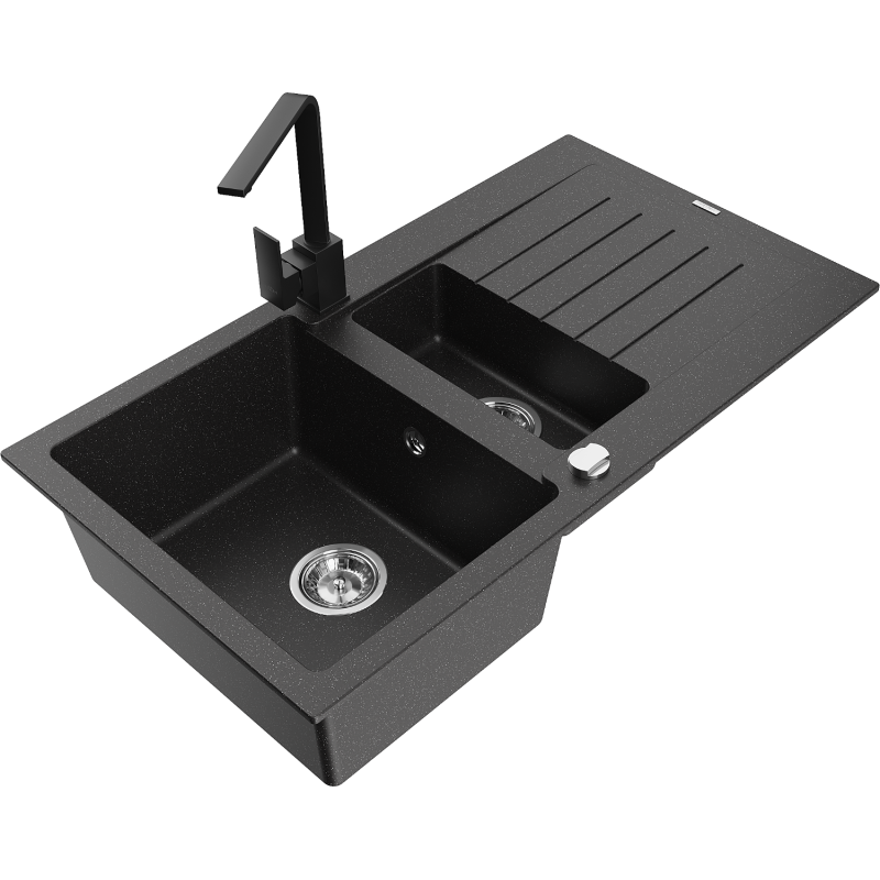 Mexen Matias 1.5-compartment granite sink with a drip tray and kitchen mixer tap Rita, Black/Silver metallic - 6502-73-670300-70