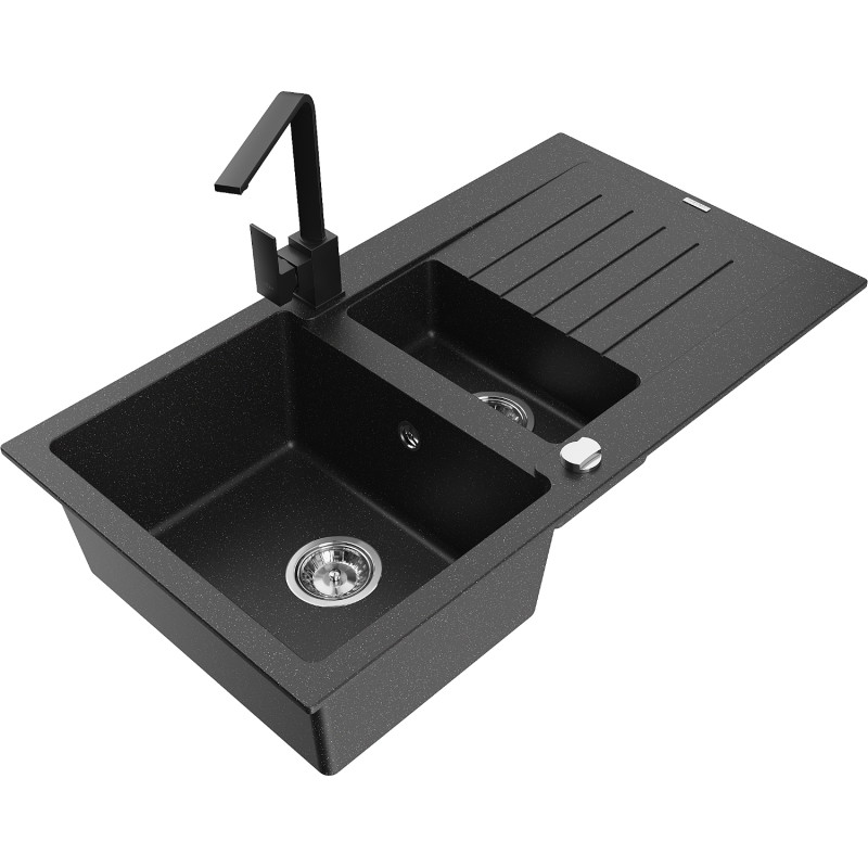 Mexen Matias granite sink 1.5-bowl with drainer and kitchen faucet Rita, black/silver metallic - 6502-73-670300-70