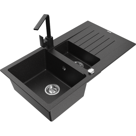 Mexen Matias granite sink 1.5-bowl with drainer and kitchen faucet Rita, black/silver metallic - 6502-73-670300-70