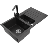 Mexen Matias granite sink 1.5-bowl with drainer and kitchen faucet Rita, black/silver metallic - 6502-73-670300-70
