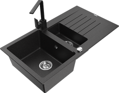 Mexen Matias granite sink 1.5-bowl with drainer and kitchen faucet Rita, black/silver metallic - 6502-73-670300-70
