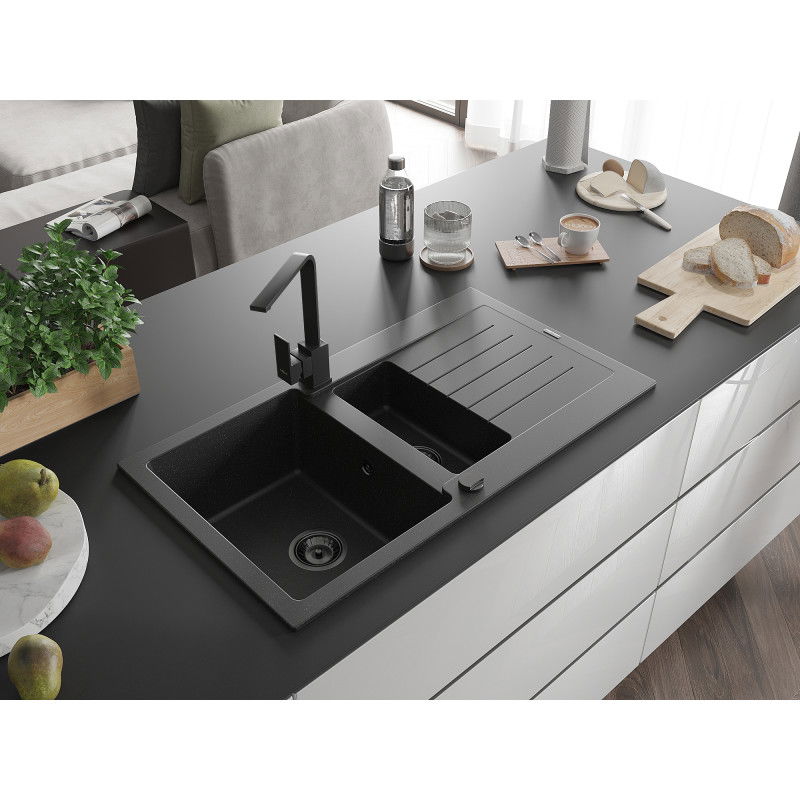 Mexen Matias 1.5-bowl granite sink with drainer and Rita kitchen tap, black/silver - 6502-73-670300-70-B