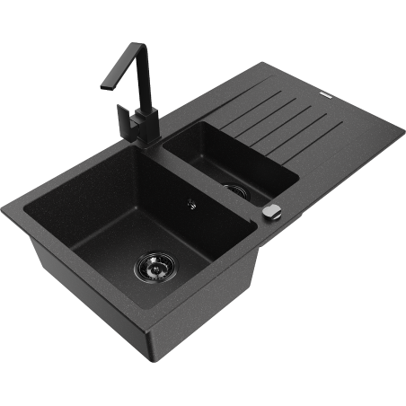 Mexen Matias 1.5-compartment granite sink with a drip tray and kitchen mixer tap Rita, Black/Silver - 6502-73-670300-70-B