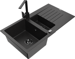 Mexen Matias 1.5-bowl granite sink with drainer and Rita kitchen tap, black/silver - 6502-73-670300-70-B