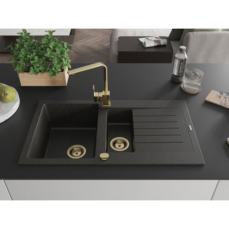 Mexen Matias granite sink 1.5-bowl with drainer and Rita kitchen tap, black/gold - 6502-75-670300-50