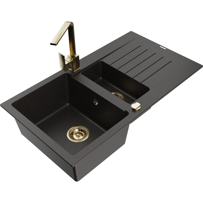 Mexen Matias 1.5-compartment granite sink with a drip tray and kitchen mixer tap Rita, Black/Gold - 6502-75-670300-50