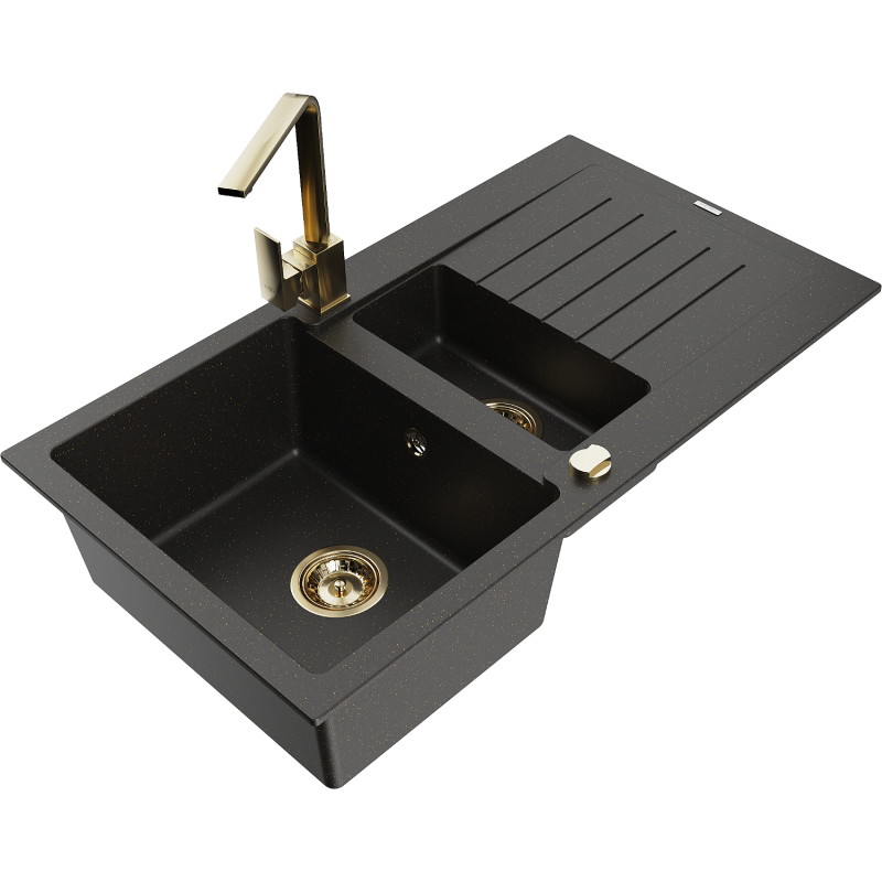 Mexen Matias granite kitchen sink 1.5-bowl with drainer and Rita kitchen faucet, black/gold - 6502-75-670300-50