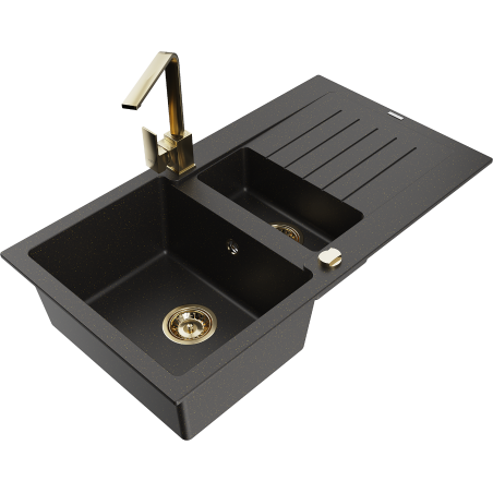 Mexen Matias granite kitchen sink 1.5-bowl with drainer and Rita kitchen faucet, black/gold - 6502-75-670300-50