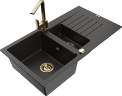 Mexen Matias granite kitchen sink 1.5-bowl with drainer and Rita kitchen faucet, black/gold - 6502-75-670300-50