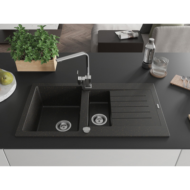 Mexen Matias granite sink 1.5-bowl with drainer and Rita kitchen faucet, black/gold - 6502-75-670300-00