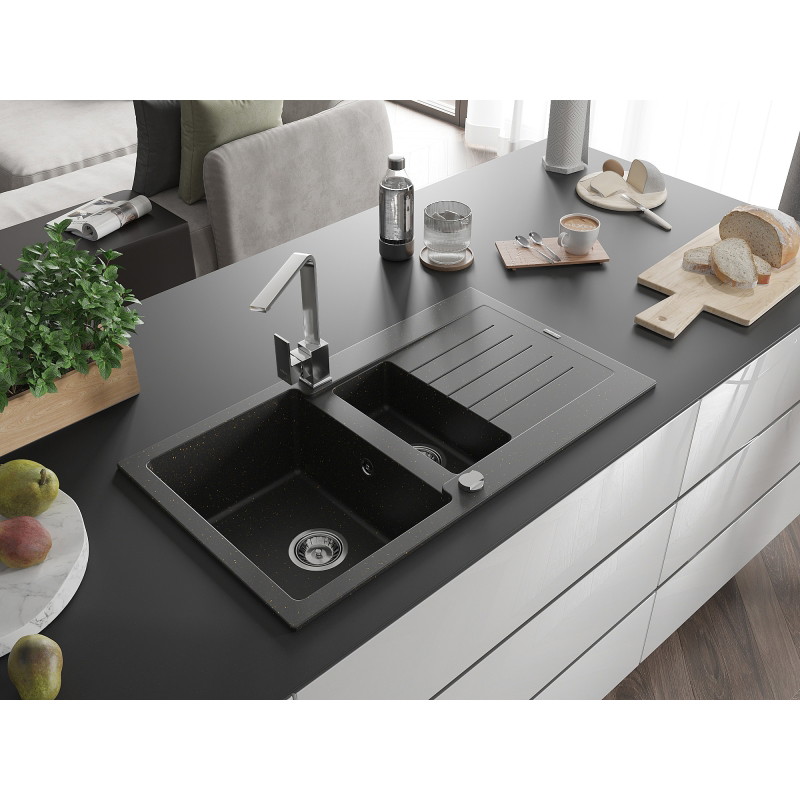 Mexen Matias granite sink 1.5-bowl with drainer and kitchen faucet Rita, black/gold - 6502-75-670300-00