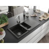 Mexen Matias granite sink 1.5-bowl with drainer and kitchen faucet Rita, black/gold - 6502-75-670300-00