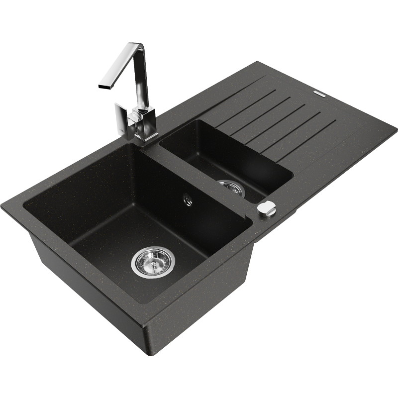 Mexen Matias granite sink 1.5-bowl with drainer and kitchen faucet Rita, black/gold - 6502-75-670300-00
