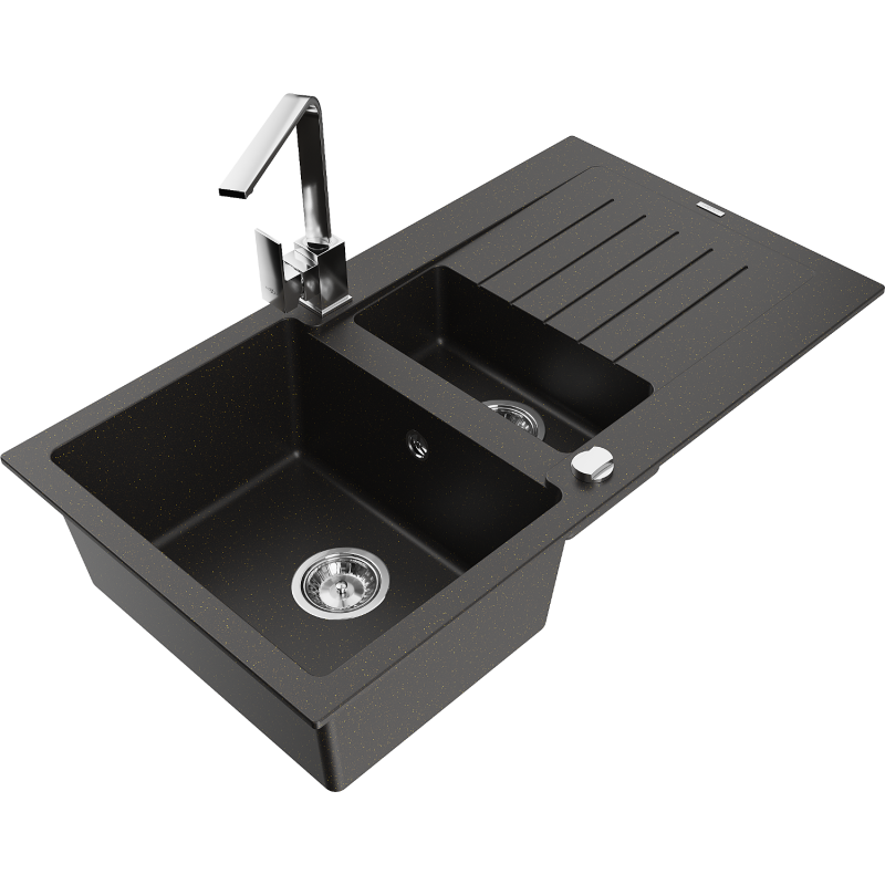 Mexen Matias granite sink 1.5-bowl with drainer and kitchen tap Rita, black/gold - 6502-75-670300-00