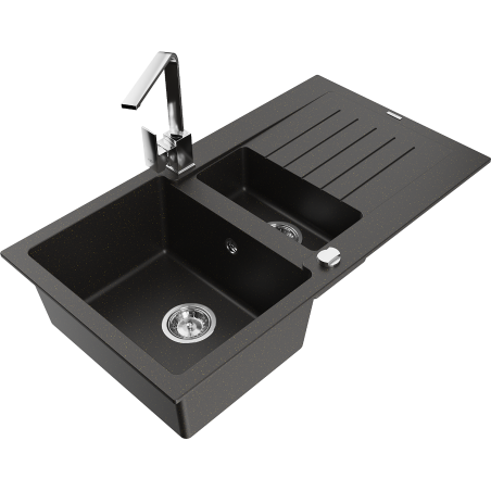Mexen Matias granite sink 1.5-bowl with drainer and kitchen faucet Rita, black/gold - 6502-75-670300-00