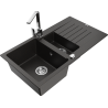 Mexen Matias granite sink 1.5-bowl with drainer and Rita kitchen faucet, black/gold - 6502-75-670300-00