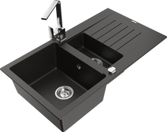 Mexen Matias granite sink 1.5-bowl with drainer and Rita kitchen faucet, black/gold - 6502-75-670300-00