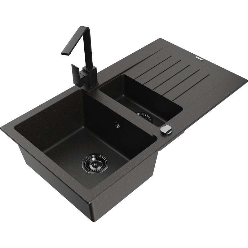 Mexen Matias 1.5-compartment granite sink with a drip tray and kitchen mixer tap Rita, Black/Gold - 6502-75-670300-50-B