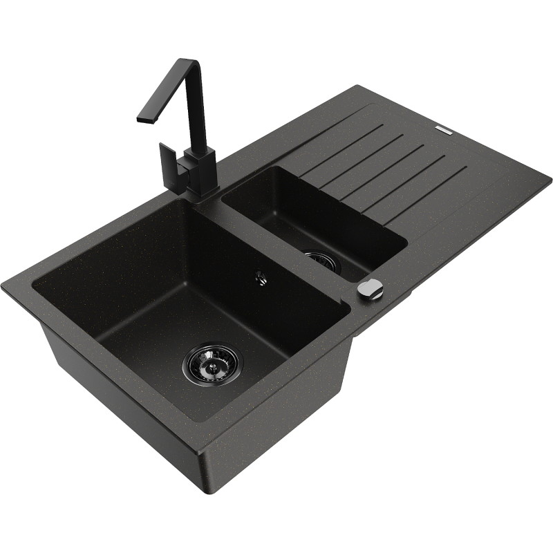 Mexen Matias granite kitchen sink 1.5-bowl with drainer and kitchen faucet Rita, black/gold - 6502-75-670300-50-B