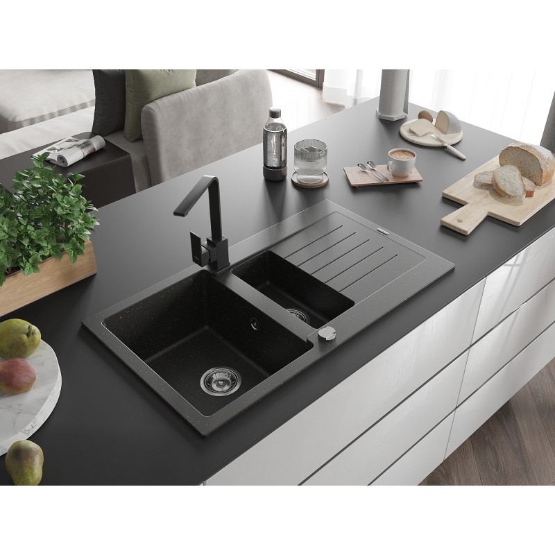 Mexen Matias granite sink 1.5-bowl with drainer and kitchen faucet Rita, black/gold - 6502-75-670300-70
