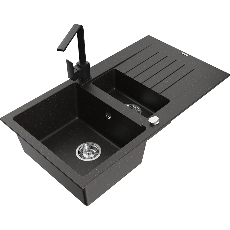 Mexen Matias 1.5-compartment granite sink with a drip tray and kitchen mixer tap Rita, Black/Gold - 6502-75-670300-70