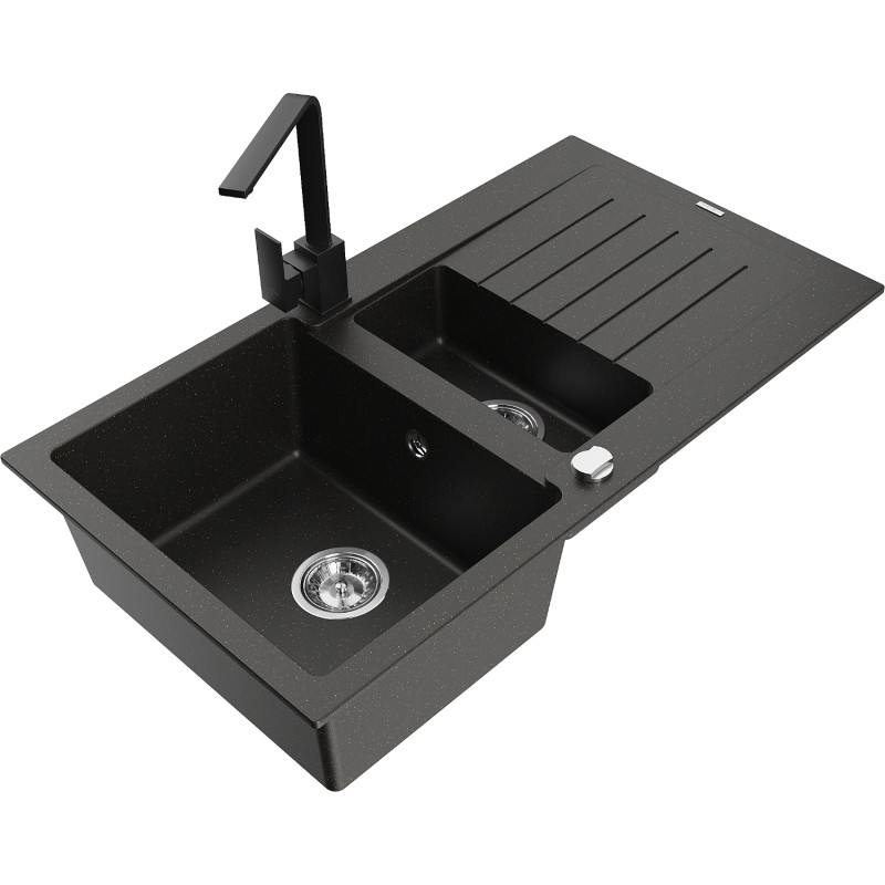 Mexen Matias granite sink 1.5-bowl with drainer and kitchen faucet Rita, black/gold - 6502-75-670300-70